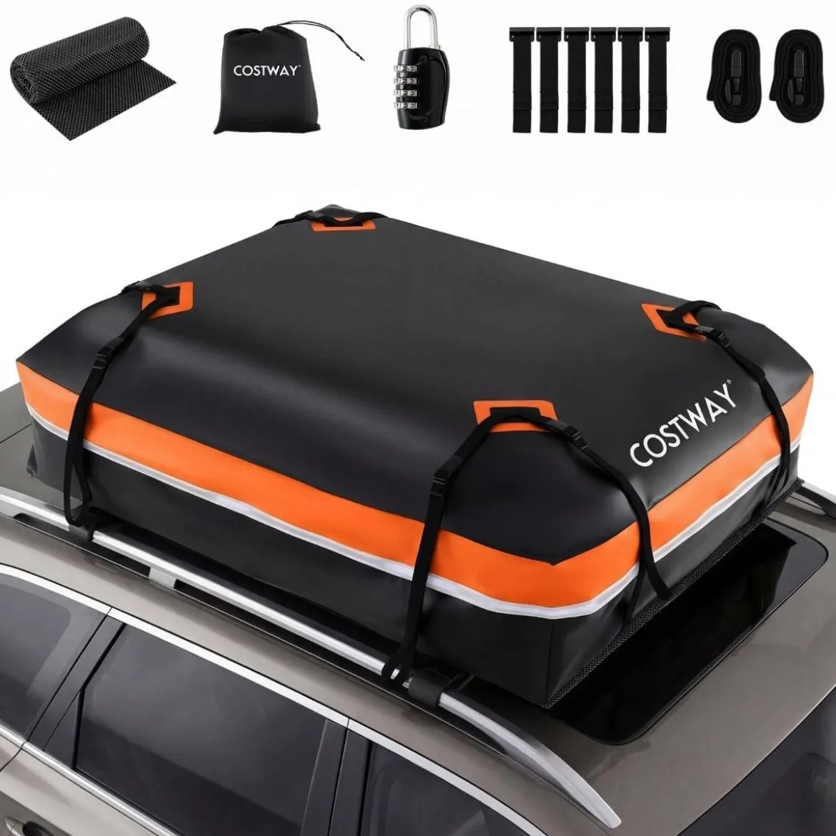 600L Auto Dachbox mit Anti-Rutsch-Matte & 6 Türhake & Schloss & Tragetasche Orange