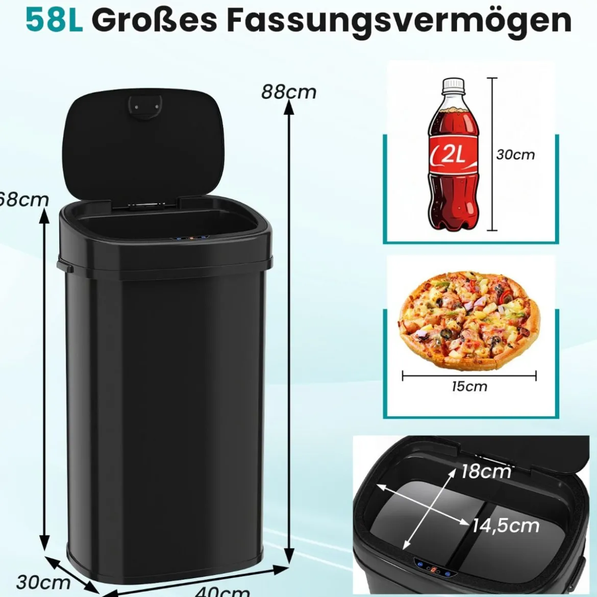 58 L Automatischer Mülleimer mit Sensor & Dual-Zonen Intelligenter Abfalleimer Schwarz