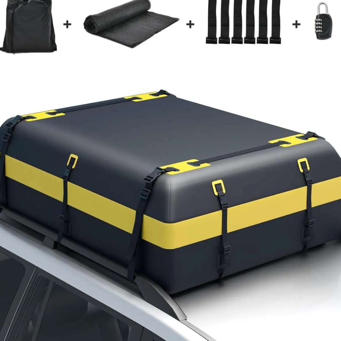600L Dachbox für Auto mit 6 Türhaken & Zahlenschloss Rutschfester Matte & Tragetasche Dachkoffer Gelb
