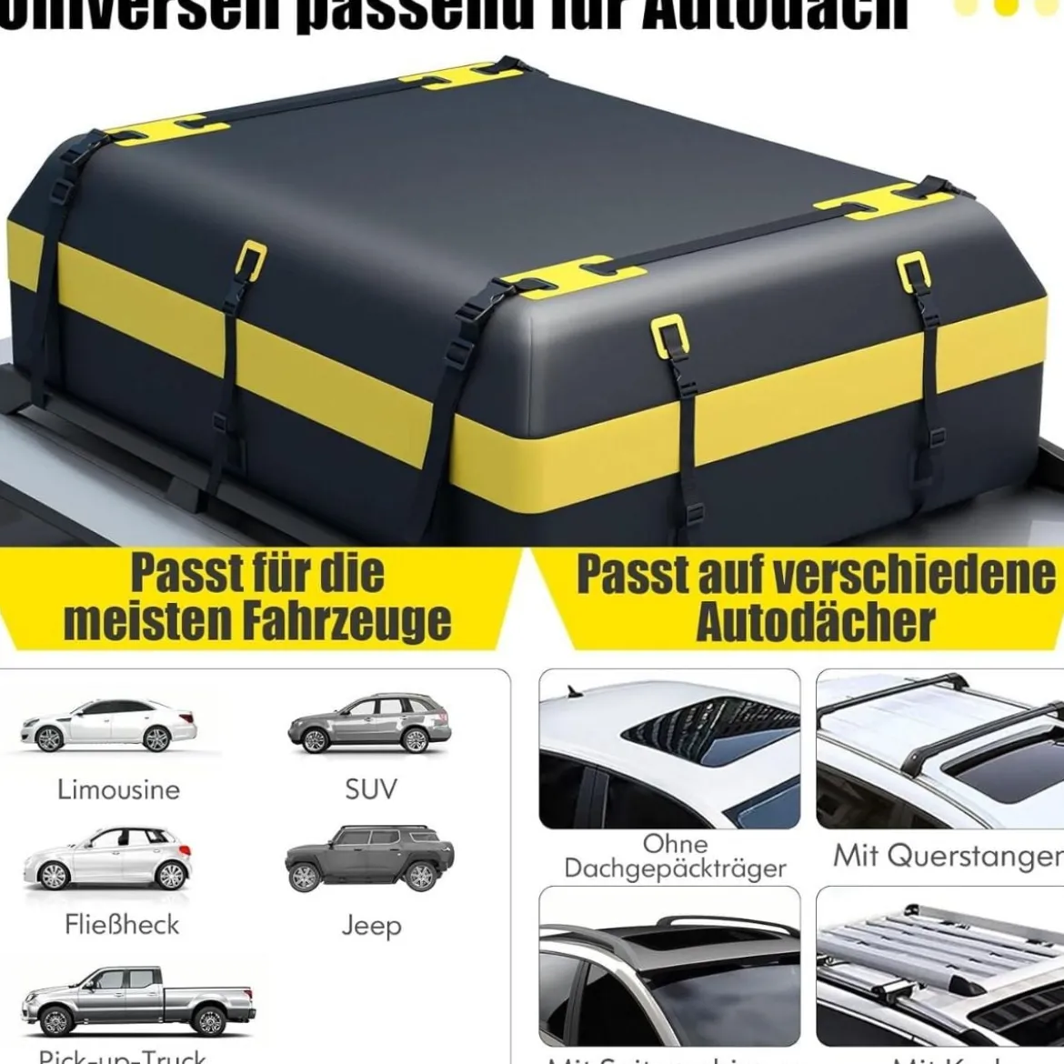 600L Dachbox für Auto mit 6 Türhaken & Zahlenschloss Rutschfester Matte & Tragetasche Dachkoffer Gelb