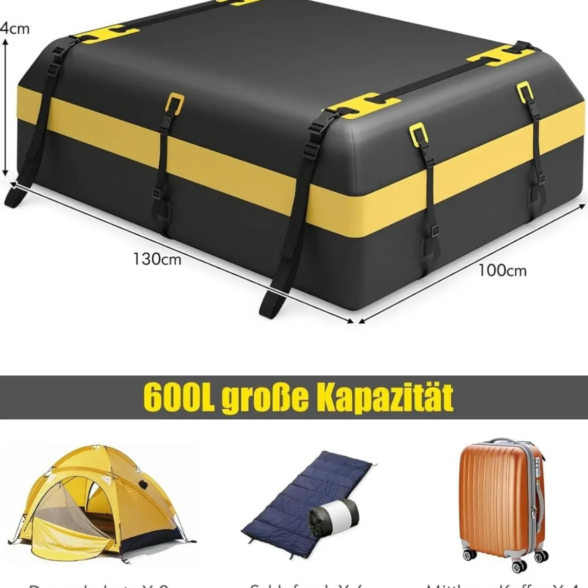 600L Dachbox für Auto mit 6 Türhaken & Zahlenschloss Rutschfester Matte & Tragetasche Dachkoffer Gelb
