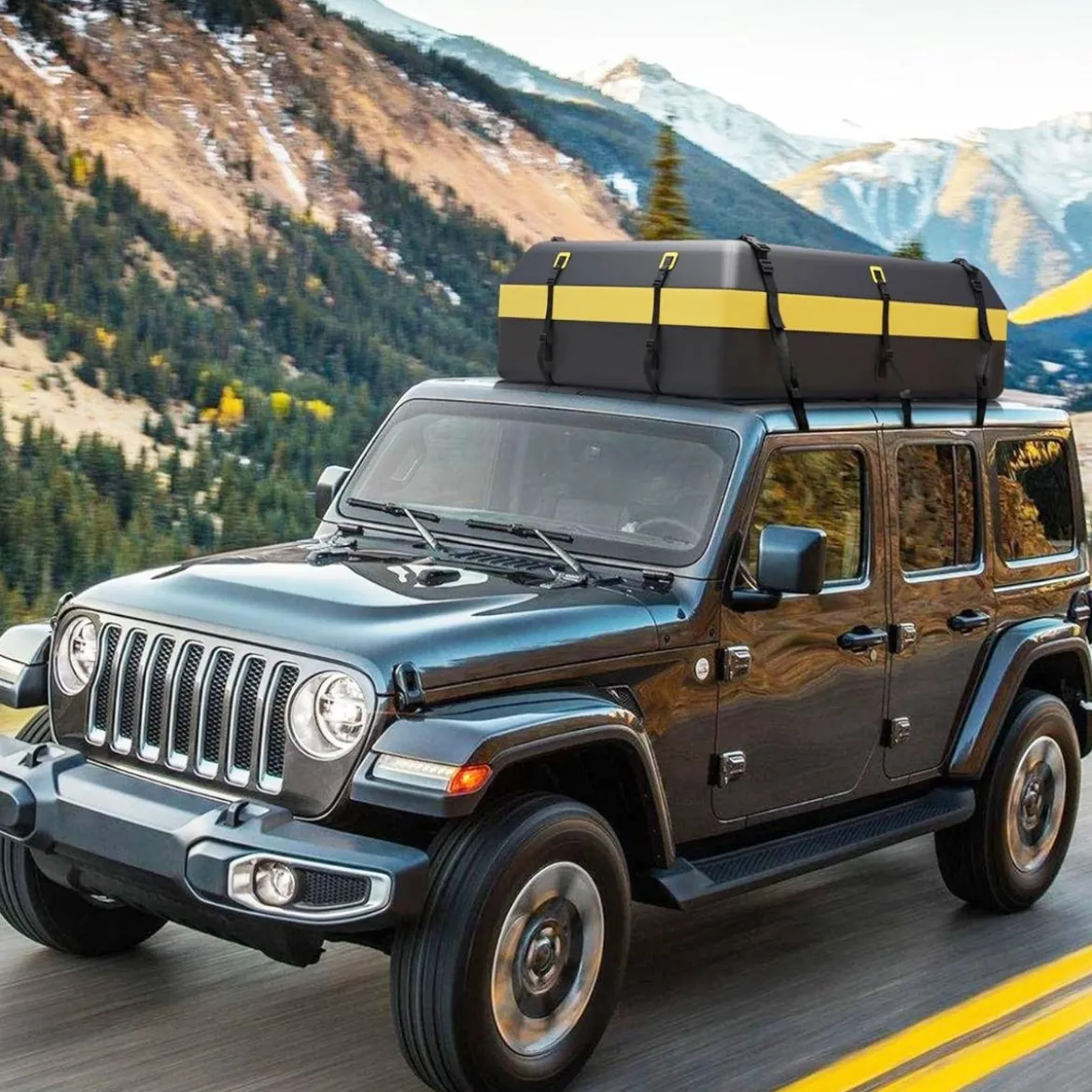 600L Dachbox für Auto mit 6 Türhaken & Zahlenschloss Rutschfester Matte & Tragetasche Dachkoffer Gelb