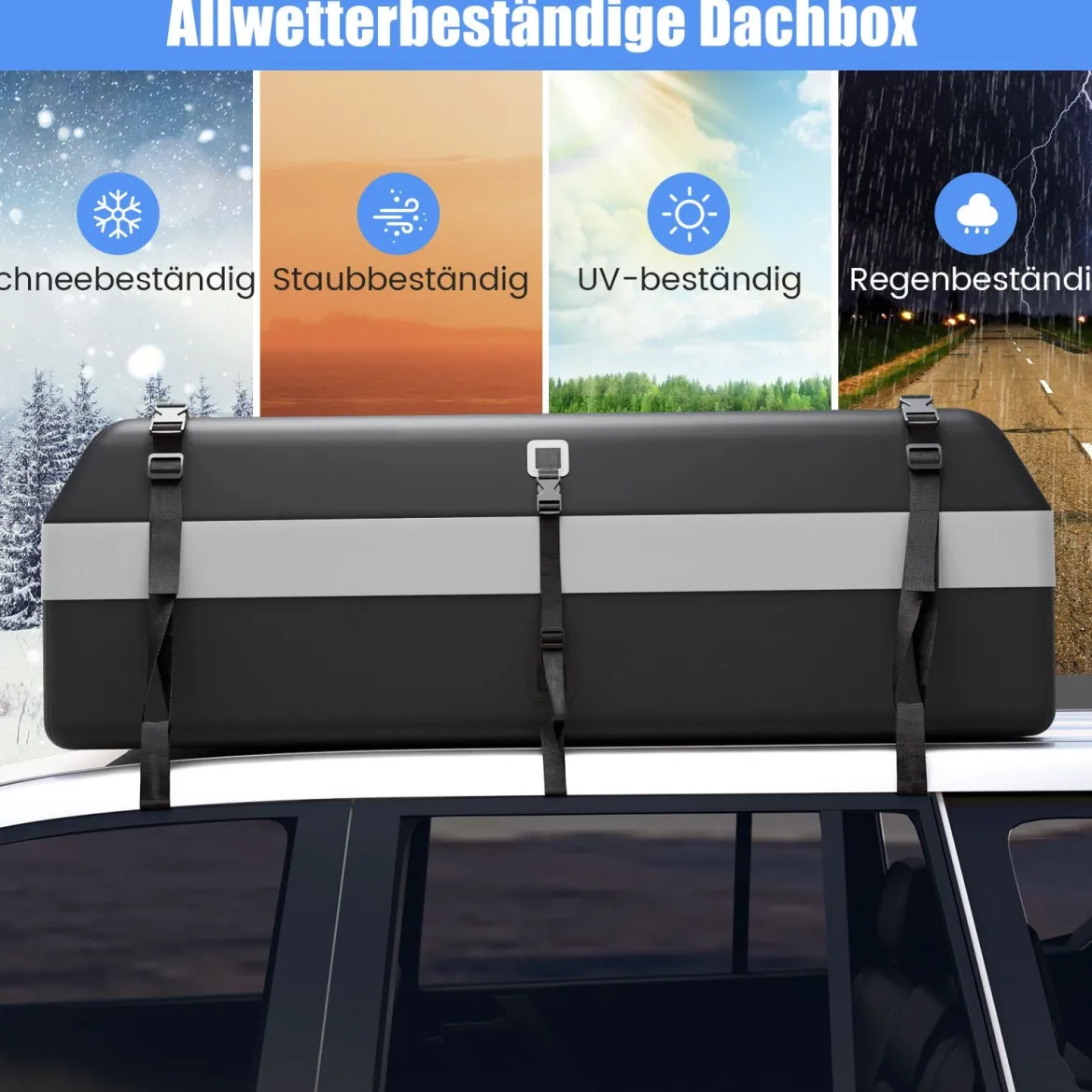 600L Dachbox für Auto mit 6 Türhaken & Zahlenschloss Rutschfester Matte & Tragetasche Dachkoffer Grau