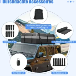 600L Dachbox für Auto mit 6 Türhaken & Zahlenschloss Rutschfester Matte & Tragetasche Dachkoffer Grau
