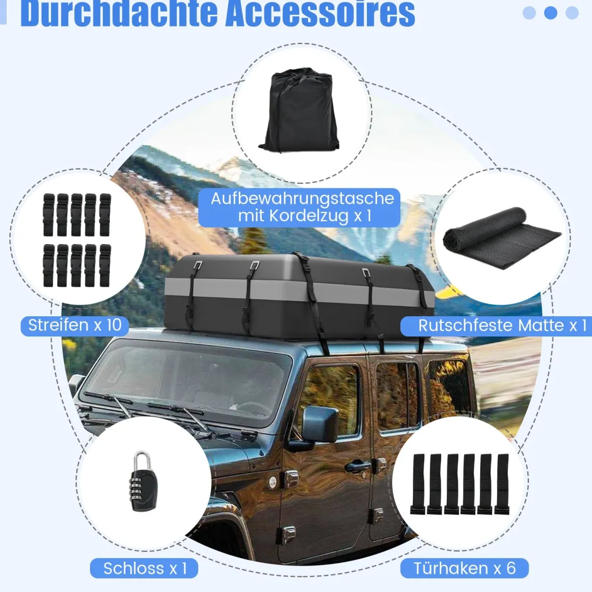 600L Dachbox für Auto mit 6 Türhaken & Zahlenschloss Rutschfester Matte & Tragetasche Dachkoffer Grau