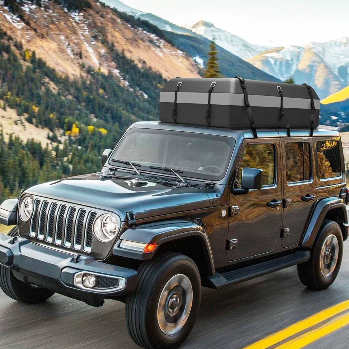 600L Dachbox für Auto mit 6 Türhaken & Zahlenschloss Rutschfester Matte & Tragetasche Dachkoffer Grau