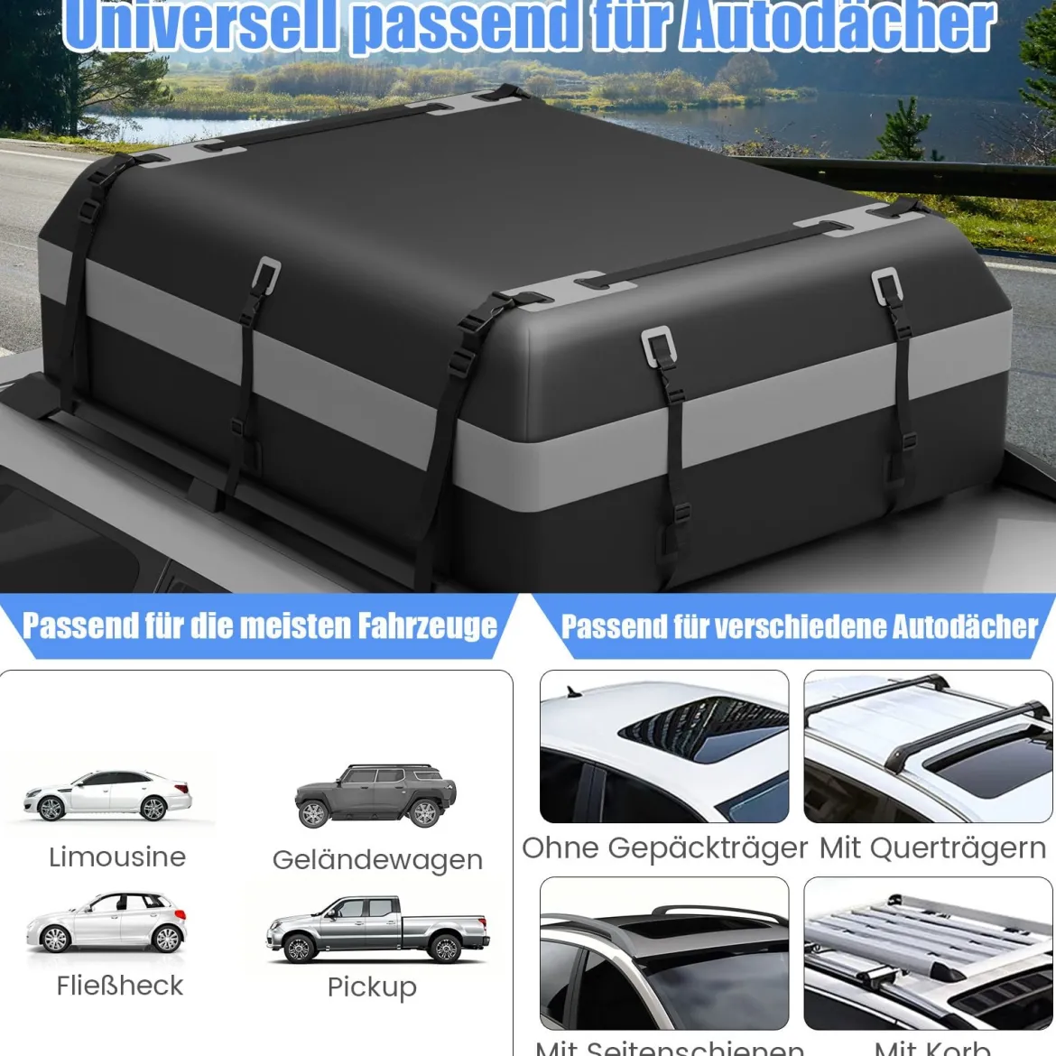 600L Dachbox für Auto mit 6 Türhaken & Zahlenschloss Rutschfester Matte & Tragetasche Dachkoffer Grau