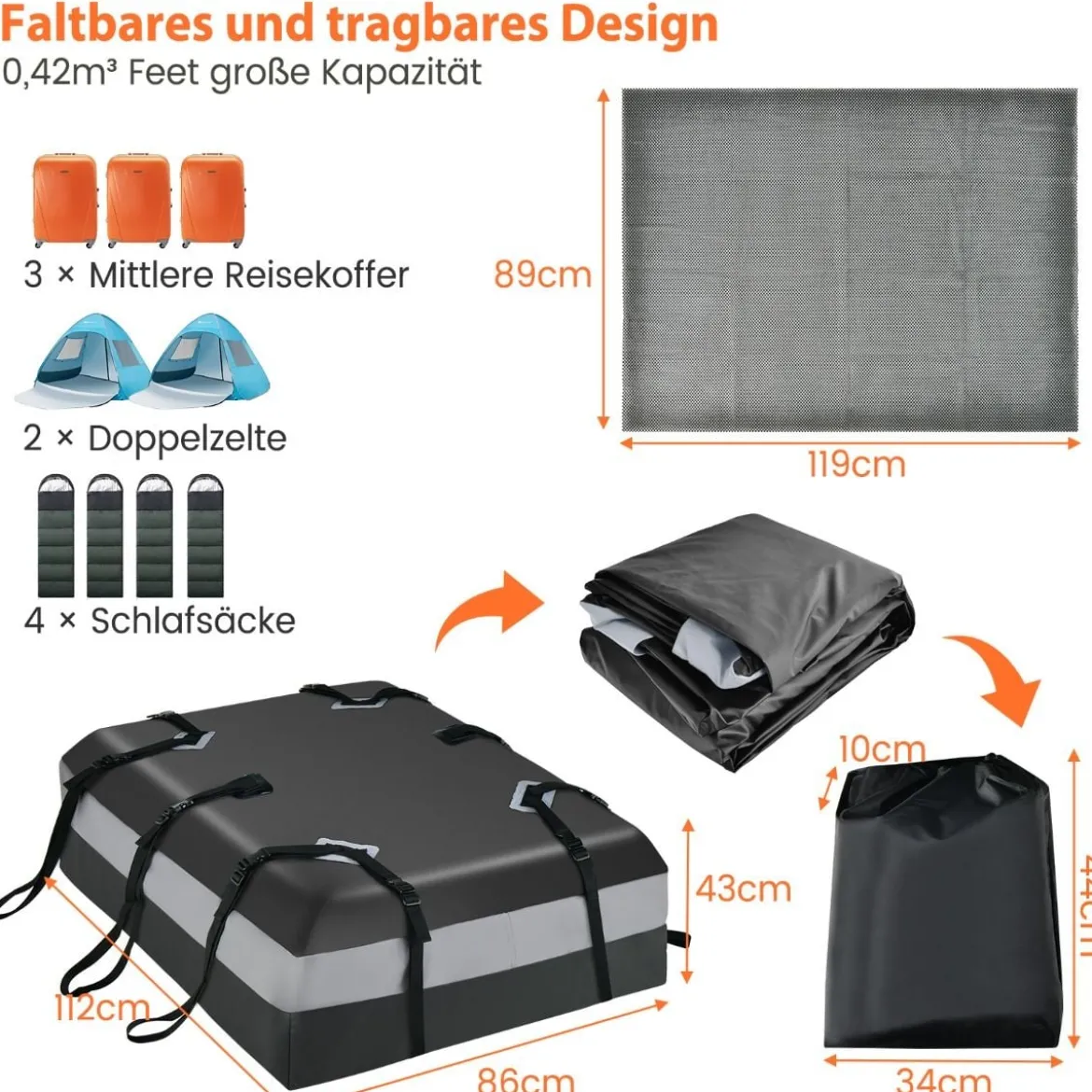 420 L Dachbox für Auto mit Zahlenschloss & 6 Türhaken & Anti-Rutsch-Matte Wasserdichter Dachkoffer