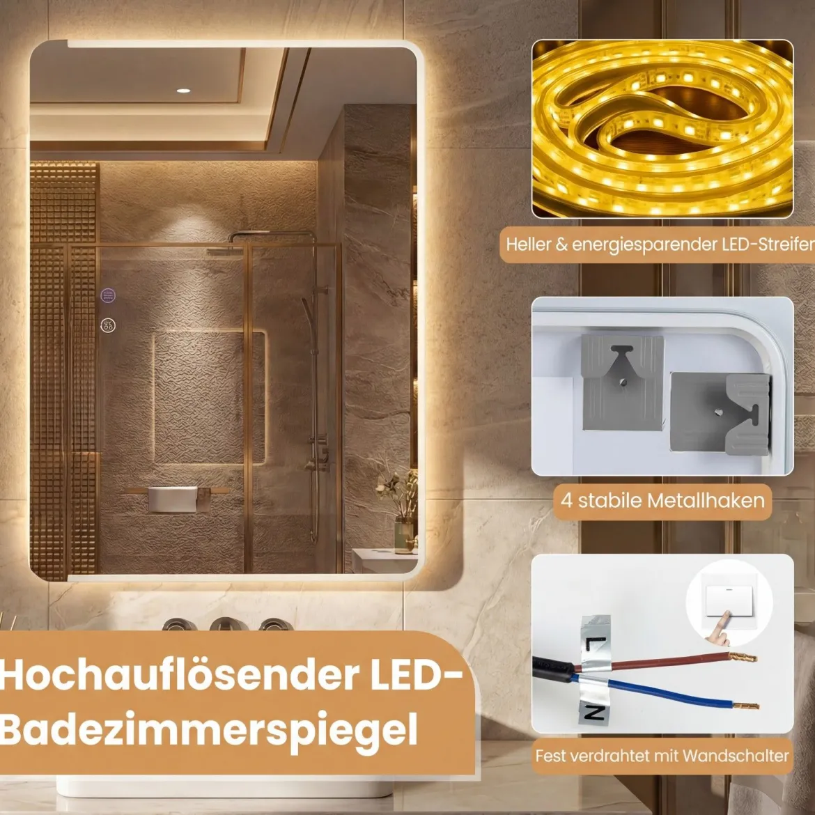 LED Badezimmer Spiegel mit Antibeschlag Dimmbares Beleuchtetes Schminkspiegel 70 x 50 cm