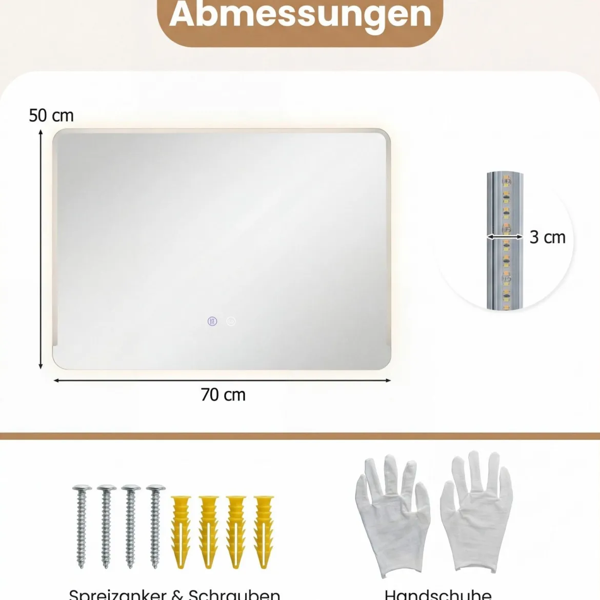 LED Badezimmer Spiegel mit Antibeschlag Dimmbares Beleuchtetes Schminkspiegel 70 x 50 cm