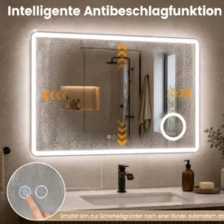 LED Badezimmerspiegel mit Beleuchtung & Integrierter 3‑fach Vergrößerungsspiegel 80 x 60 cm