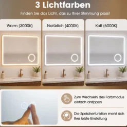 LED Badezimmerspiegel mit Beleuchtung & Integrierter 3‑fach Vergrößerungsspiegel 80 x 60 cm