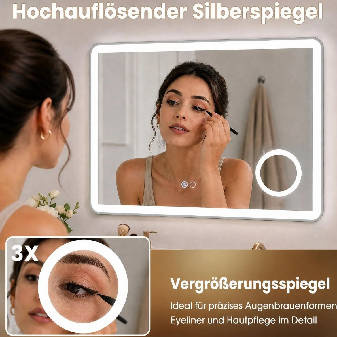 LED Badezimmerspiegel mit Beleuchtung & Integrierter 3‑fach Vergrößerungsspiegel 80 x 60 cm