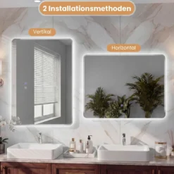 LED Badezimmer Spiegel mit 3-farbigen Lichtern & Antibeschlag Wandspiegel Schminkspiegel 80 x 60 cm