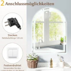 LED Badspiegel mit Beleuchtung 60 x 80 cm Badezimmerspiegel Anti-Beschlag Bogen Silber