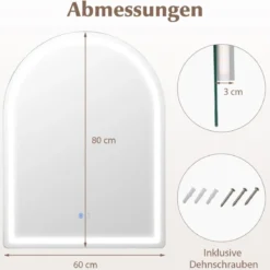 LED Badspiegel mit Beleuchtung 60 x 80 cm Badezimmerspiegel Anti-Beschlag Bogen Silber
