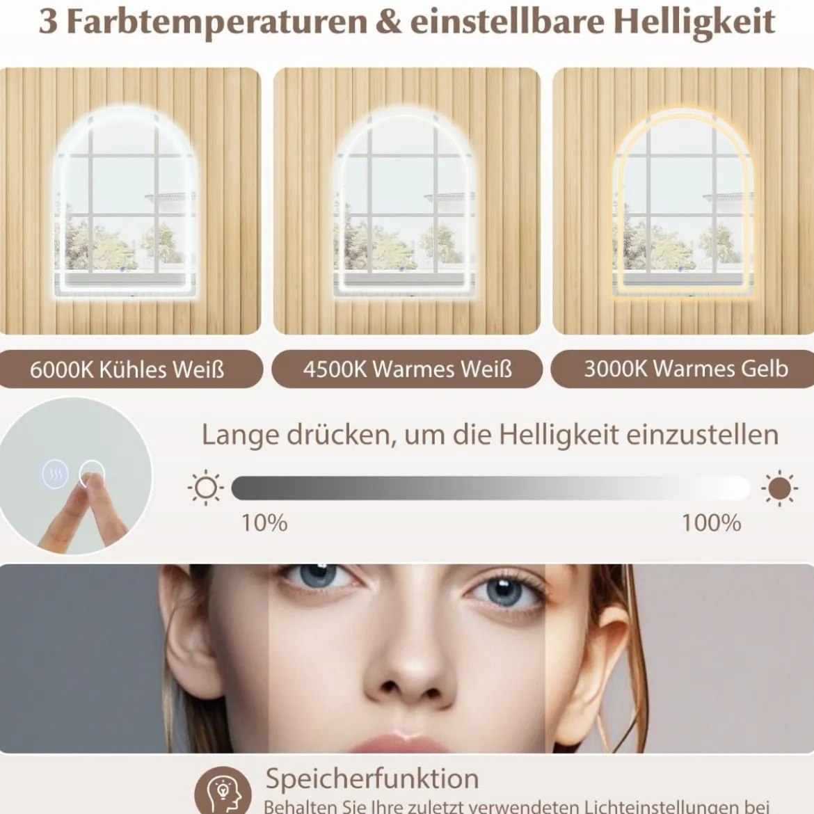 LED Badspiegel mit Beleuchtung 60 x 80 cm Badezimmerspiegel Anti-Beschlag Bogen Silber