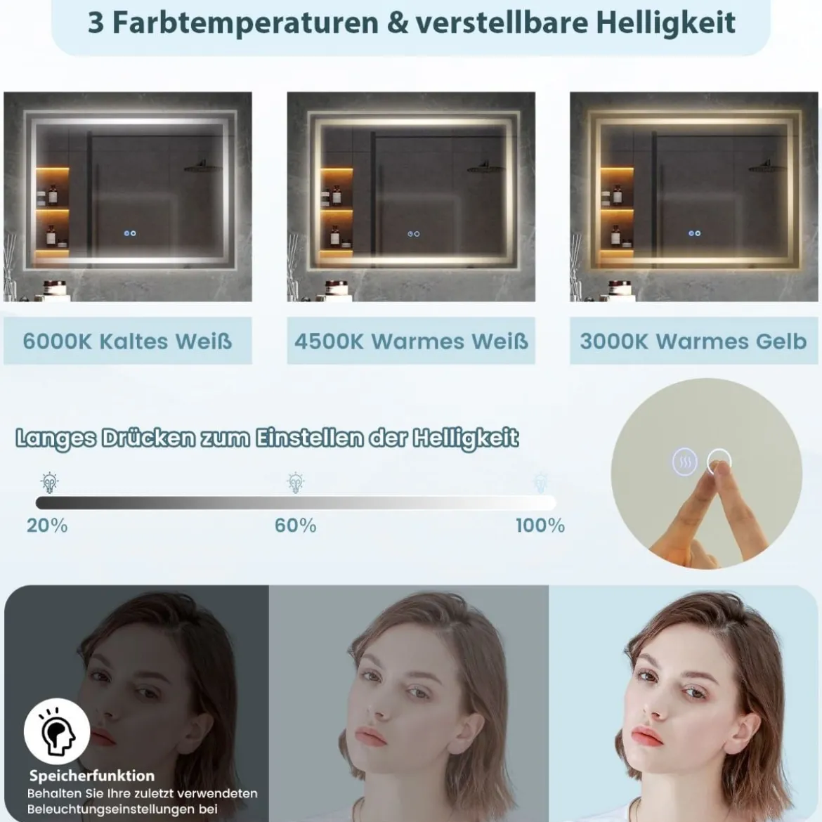 LED Badspiegel mit Beleuchtung 80 x 60 cm Badezimmerspiegel Anti-Beschlag Rechteckig