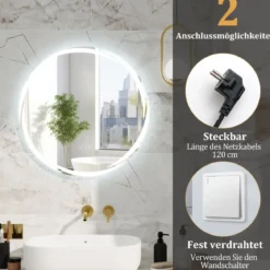 LED Badspiegel mit Beleuchtung 60cm runder Badezimmerspiegel Anti-Beschlag Oval