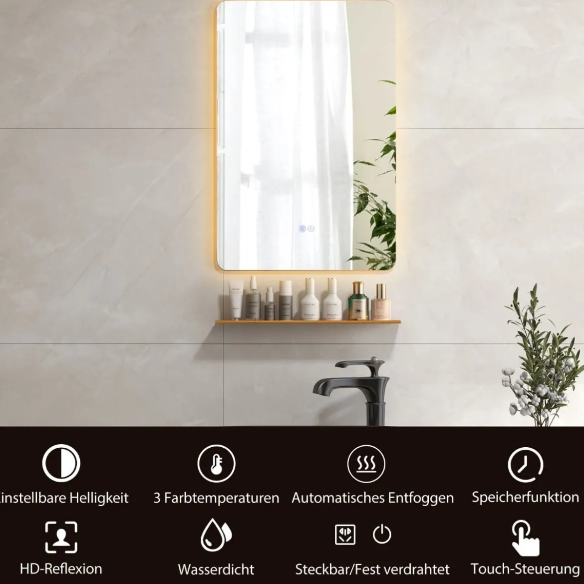 LED Badspiegel mit Beleuchtung & Touch Schalter & Memory Funktion Wandspiegel 70 x 50 cm