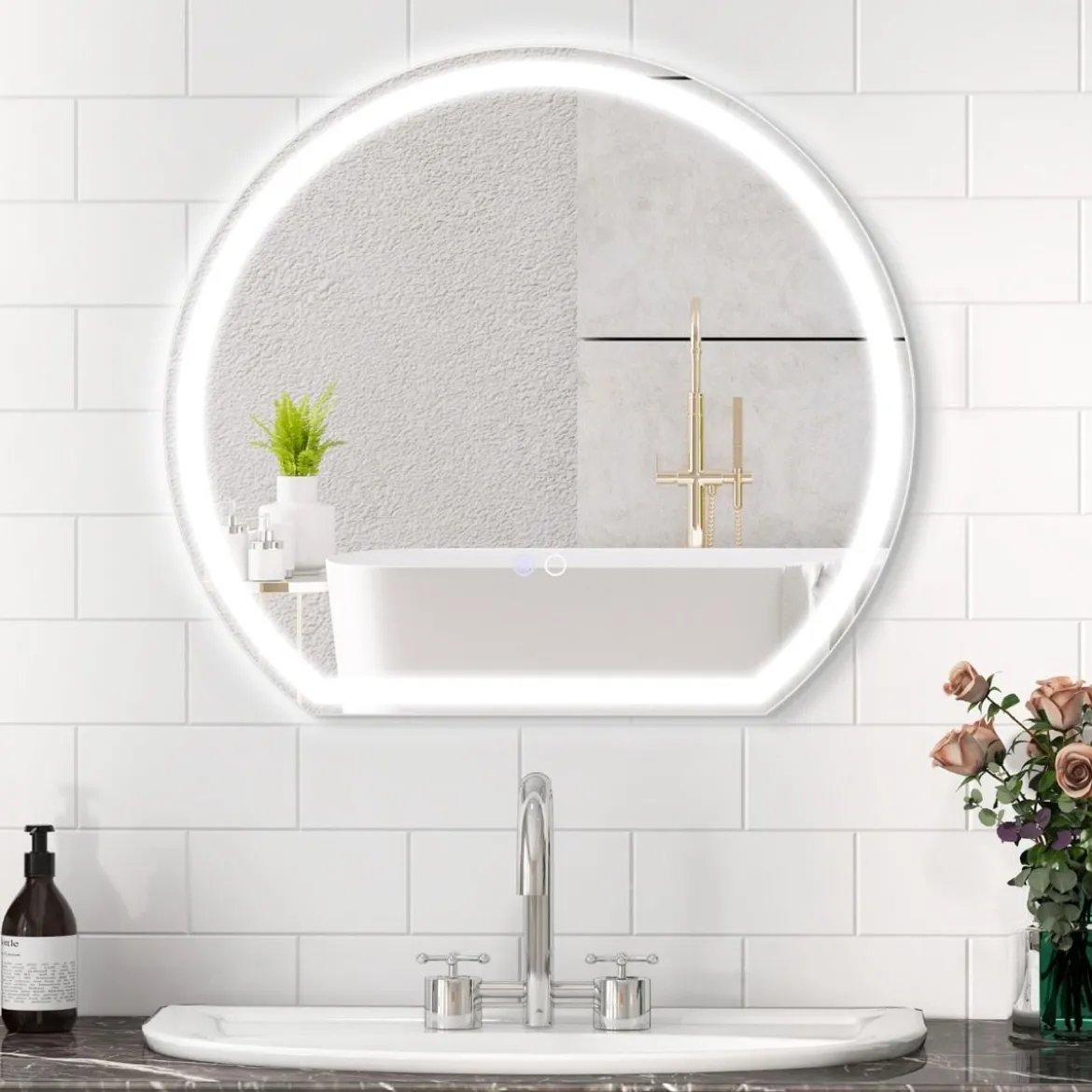 LED Badspiegel mit Beleuchtung Anti-Beschlag Badezimmerspiegel Wandspiegel dimmbar mit Touch-Schalter Silber