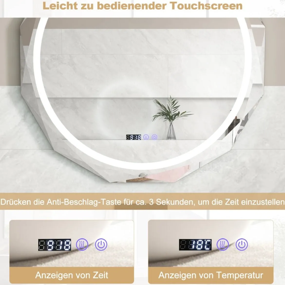 LED Badspiegel mit Beleuchtung & Uhr & Touchschalter Anti-Beschlag Badezimmerspiegel