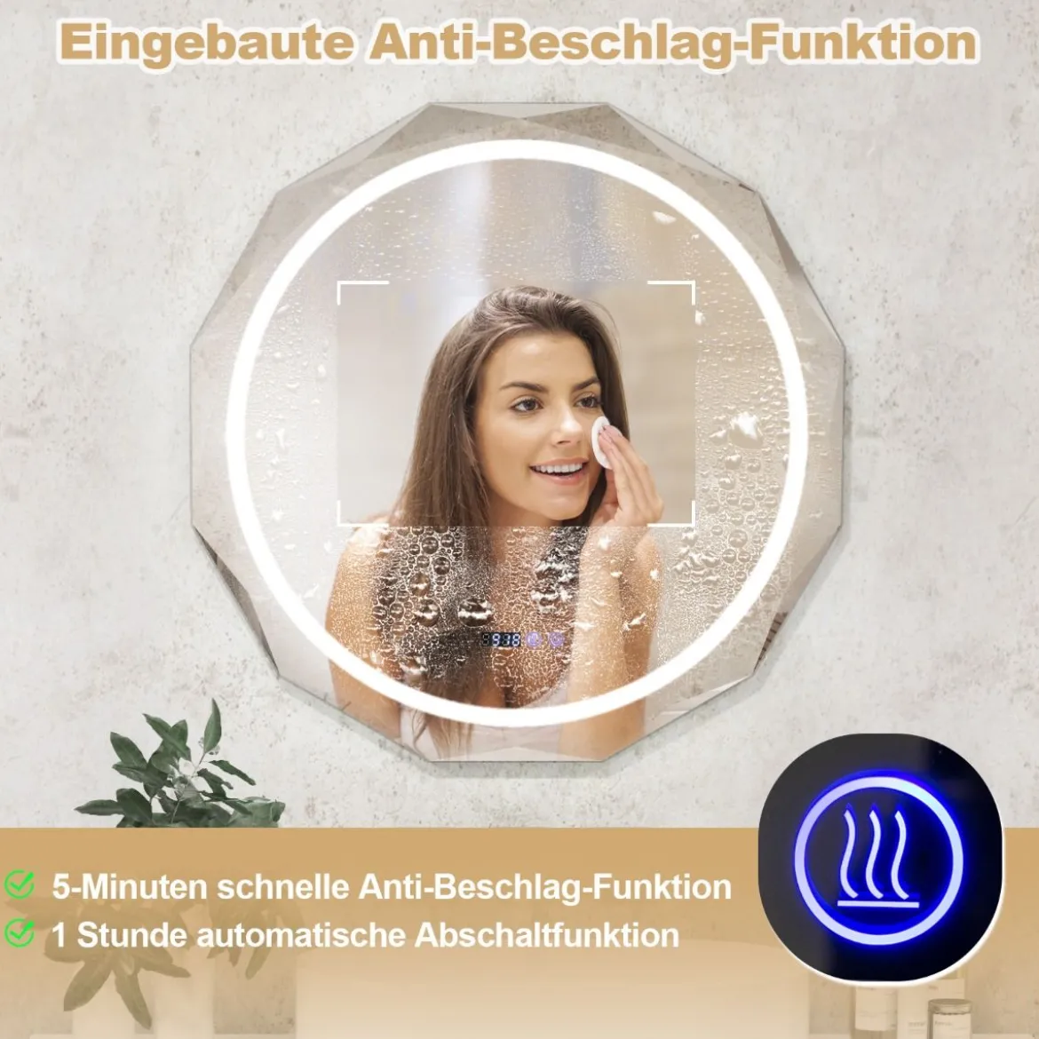 LED Badspiegel mit Beleuchtung & Uhr & Touchschalter Anti-Beschlag Badezimmerspiegel