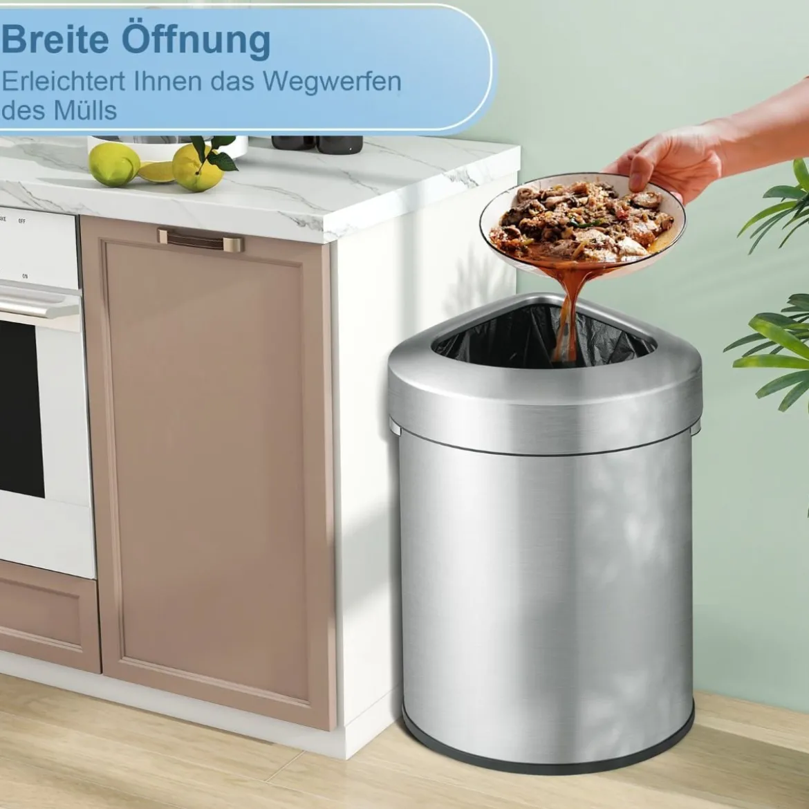 60L Edelstahl-Eckmülleimer mit Deckel & Rutschfester Unterseite Platzsparender Müllbehälter Silber