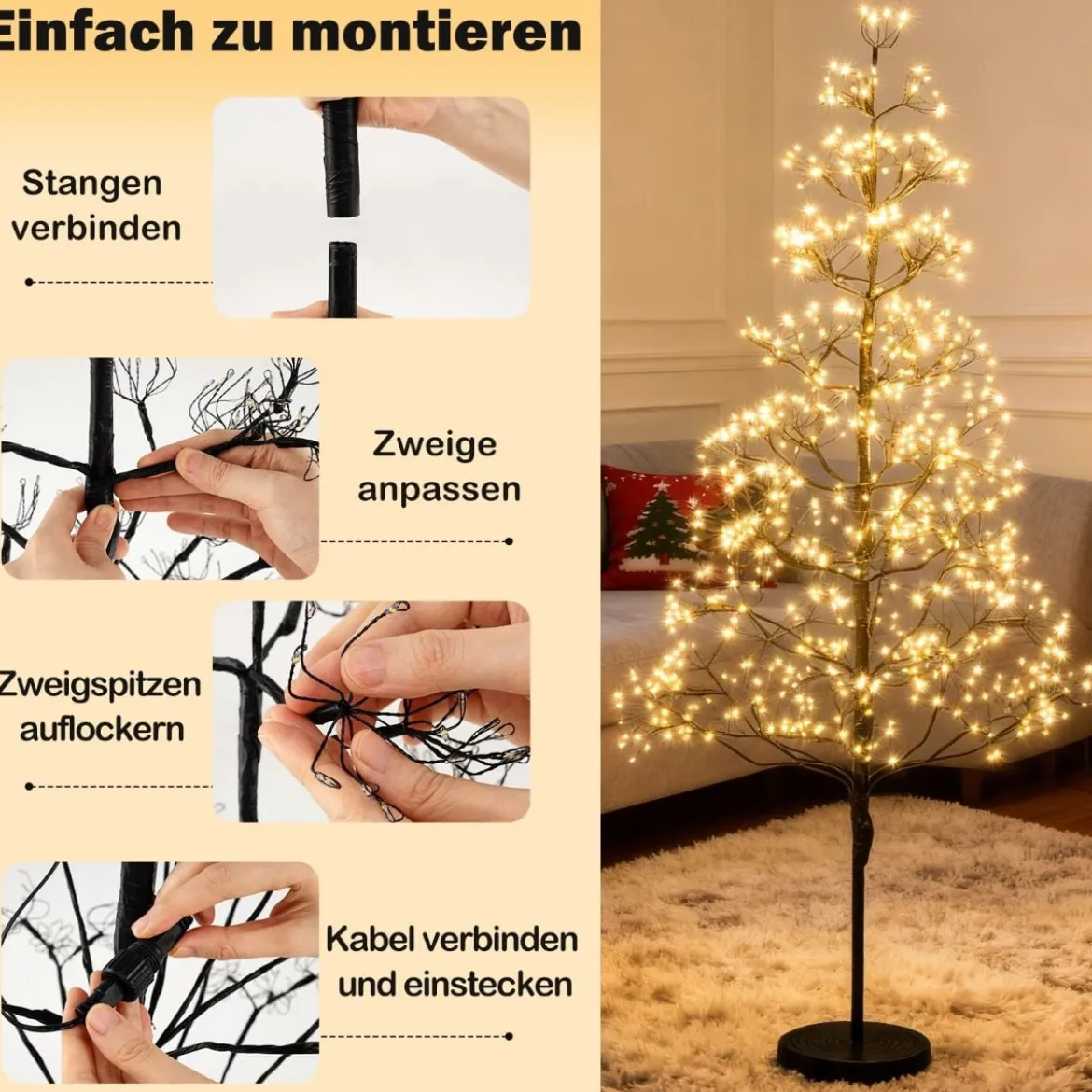 LED Lichterbaum mit Warmweißen LED-Leuchten Birkenbaum Künstlicher Weihnachtsbaum 120 cm