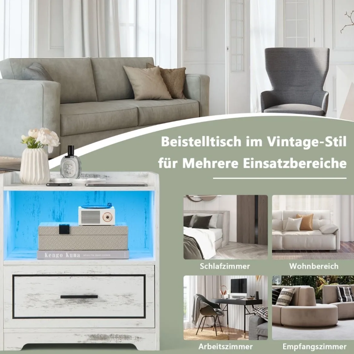 LED-Nachttisch Intelligenter Nachtschrank mit 2 USB-Anschlüssen Weiß