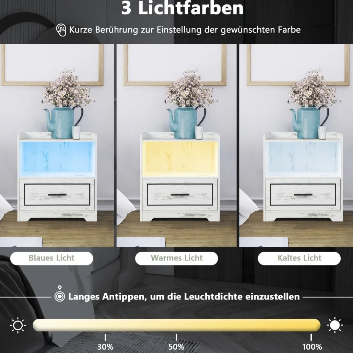 LED-Nachttisch Intelligenter Nachtschrank mit 2 USB-Anschlüssen Weiß