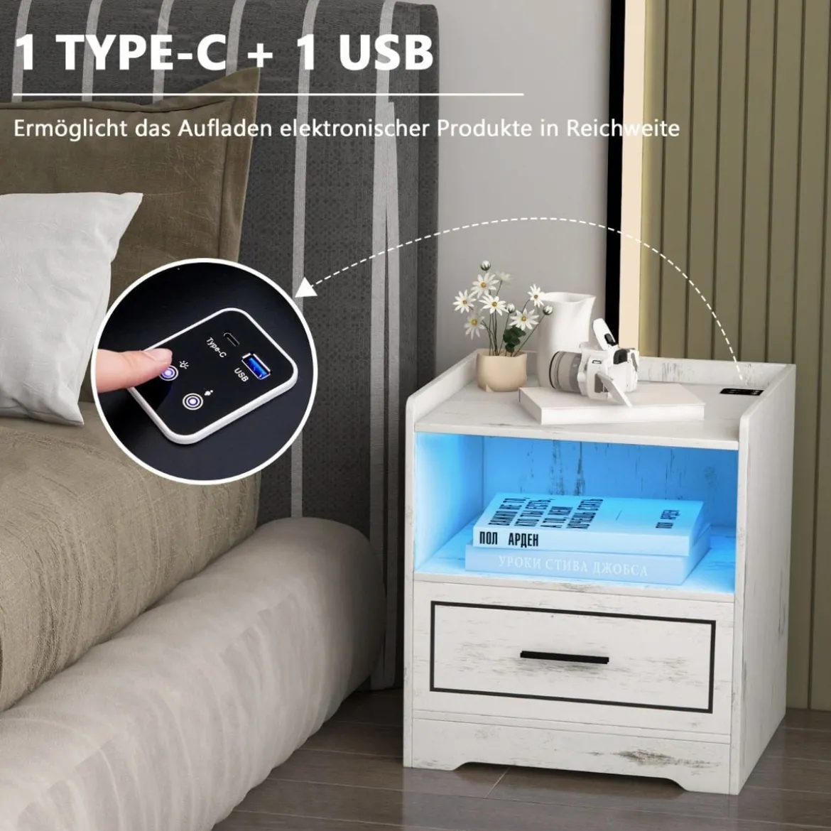 LED-Nachttisch Intelligenter Nachtschrank mit 2 USB-Anschlüssen Weiß