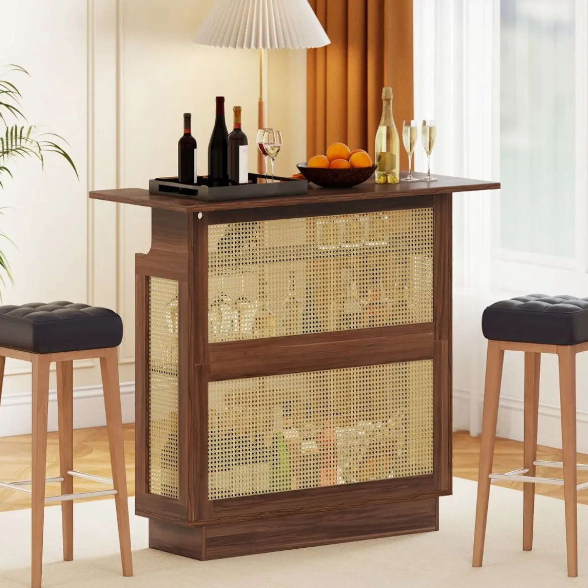 LED Rattan Hausbar mit 3-reihigen Glashaltern & 3 Ablagen Weinschrank mit RGB Beleuchtung