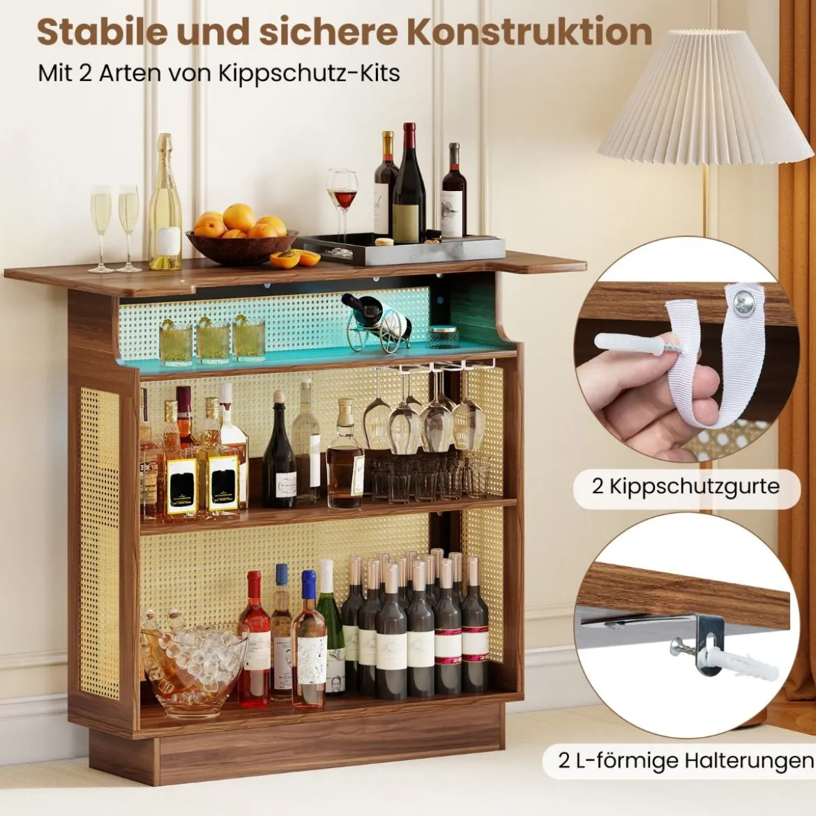 LED Rattan Hausbar mit 3-reihigen Glashaltern & 3 Ablagen Weinschrank mit RGB Beleuchtung
