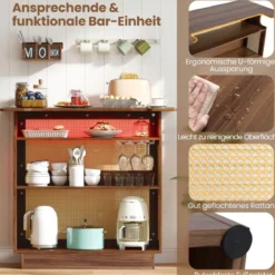 LED Rattan Hausbar mit 3-reihigen Glashaltern & 3 Ablagen Weinschrank mit RGB Beleuchtung