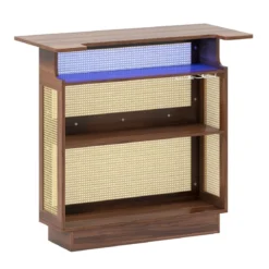 LED Rattan Hausbar mit 3-reihigen Glashaltern & 3 Ablagen Weinschrank mit RGB Beleuchtung