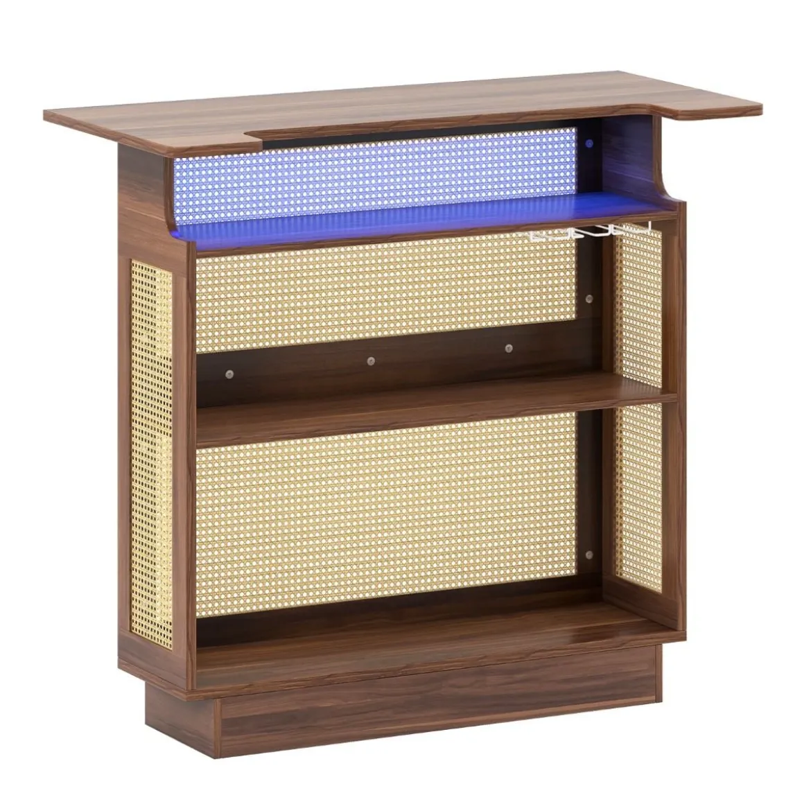 LED Rattan Hausbar mit 3-reihigen Glashaltern & 3 Ablagen Weinschrank mit RGB Beleuchtung