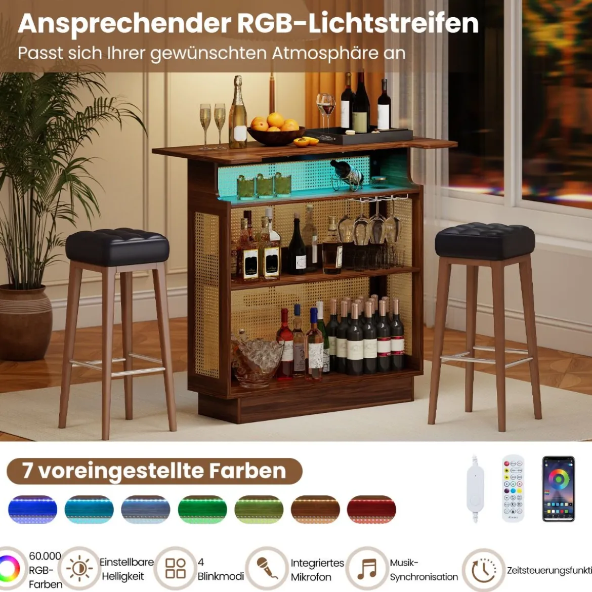 LED Rattan Hausbar mit 3-reihigen Glashaltern & 3 Ablagen Weinschrank mit RGB Beleuchtung