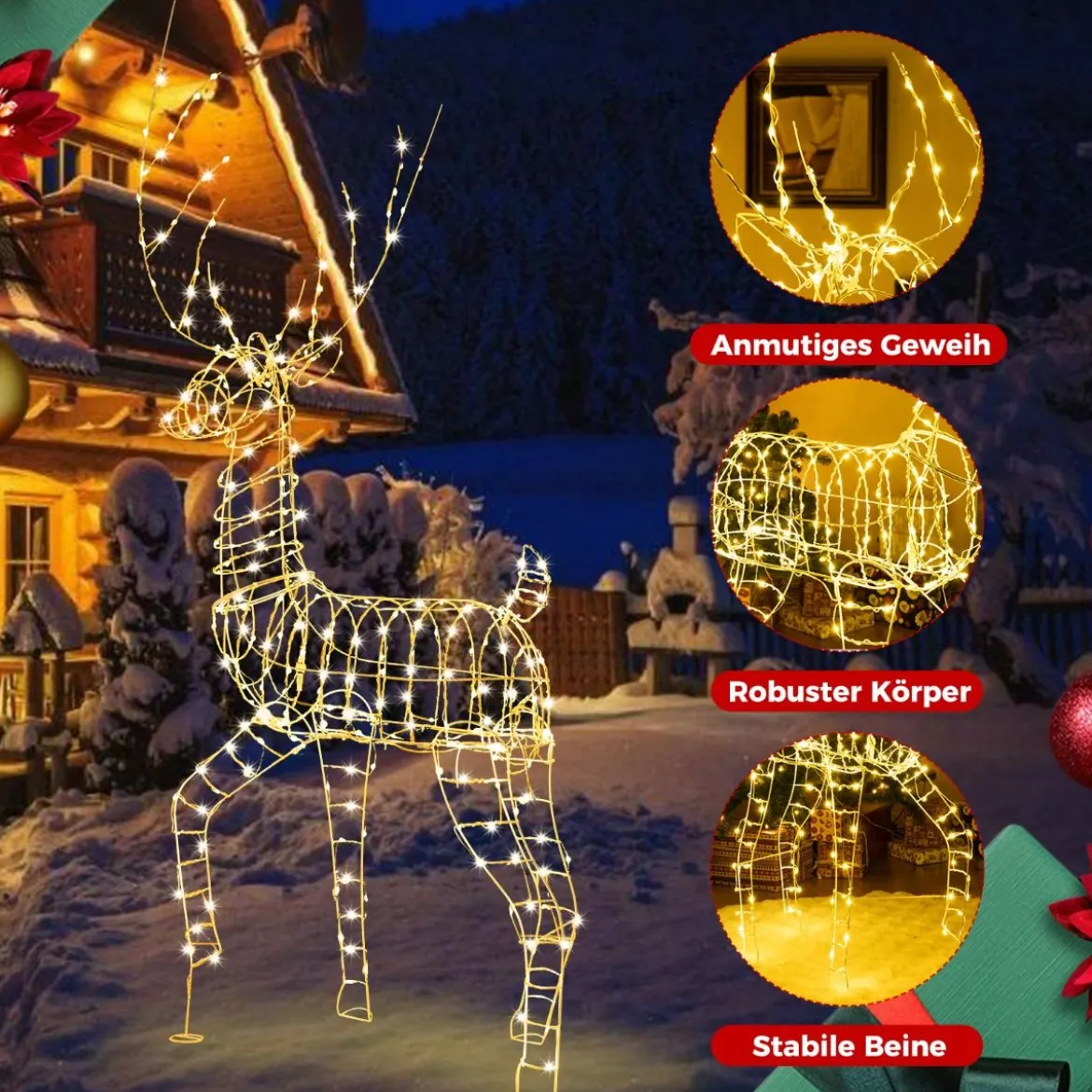 LED Rentier groß beleuchtete Weihnachtsdeko 186 cm Weihnachtsfigur mit 300 warmweißen Lichtern