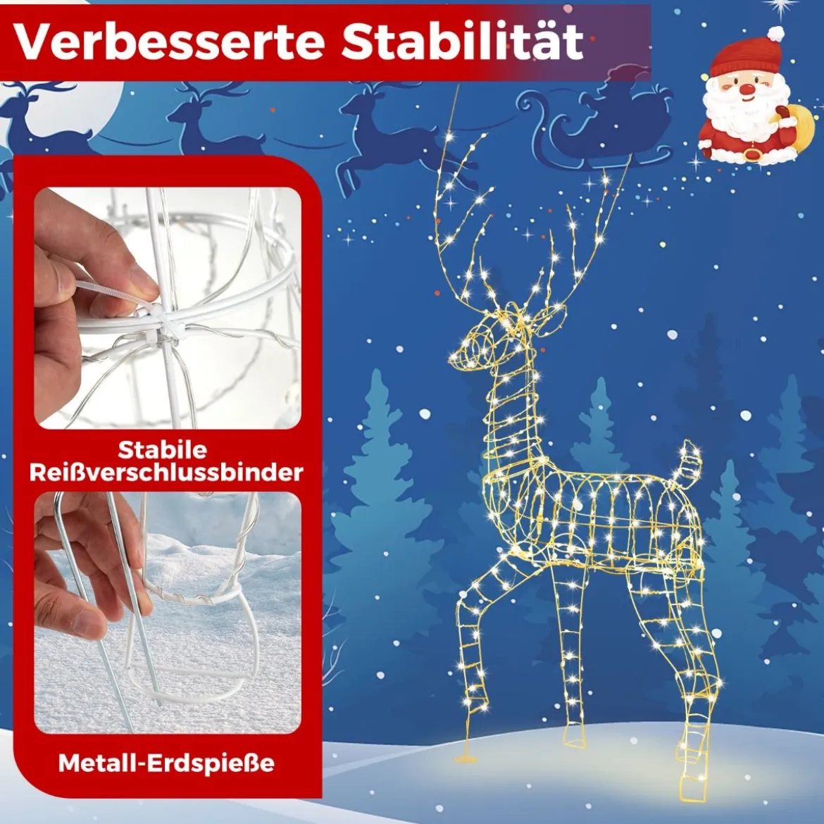 LED Rentier groß beleuchtete Weihnachtsdeko 186 cm Weihnachtsfigur mit 300 warmweißen Lichtern