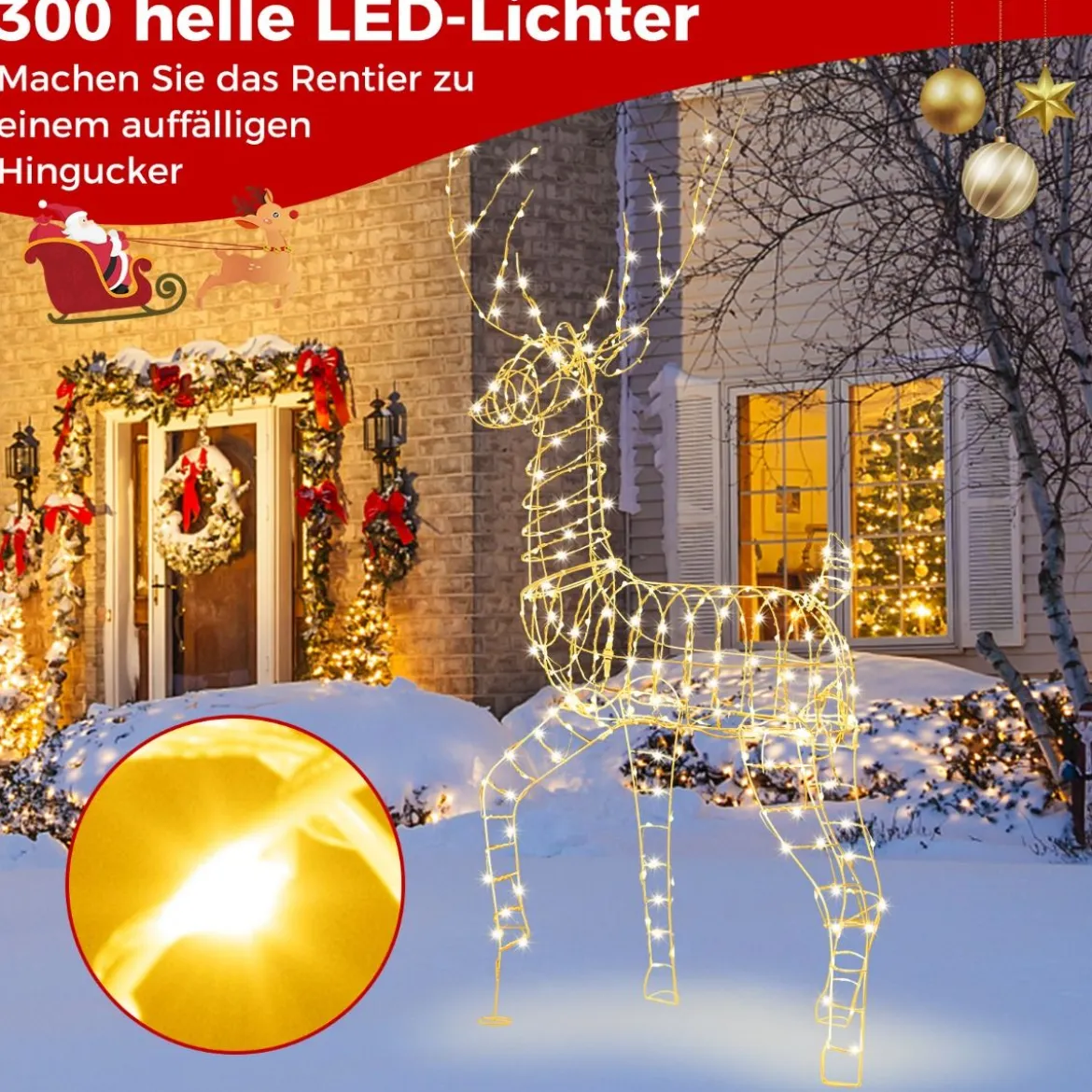 LED Rentier groß beleuchtete Weihnachtsdeko 186 cm Weihnachtsfigur mit 300 warmweißen Lichtern