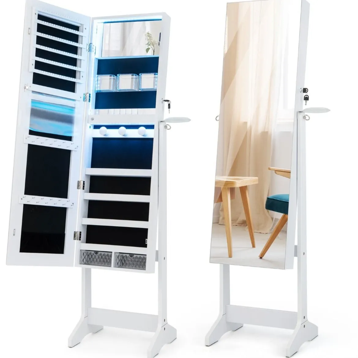 LED Schmuckschrank mit Ganzkörperspiegel und Schminkspiegel 41 x 37 x 156 cm Weiß