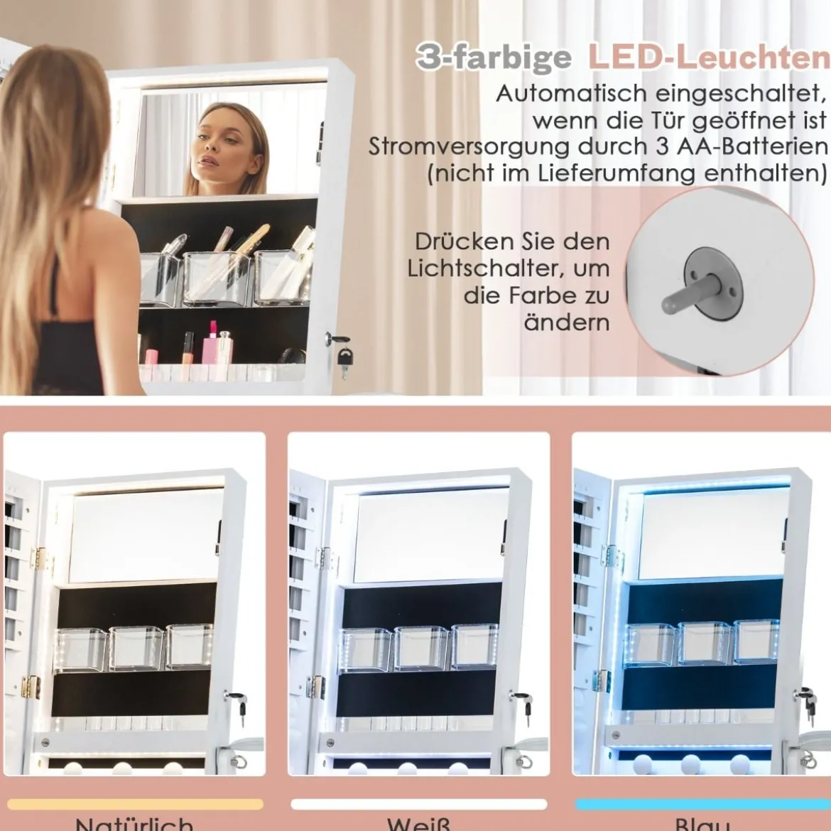 LED Schmuckschrank mit Ganzkörperspiegel und Schminkspiegel 41 x 37 x 156 cm Weiß