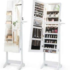 LED Schmuckschrank mit Ganzkörperspiegel und Schminkspiegel 41 x 37 x 156 cm Weiß