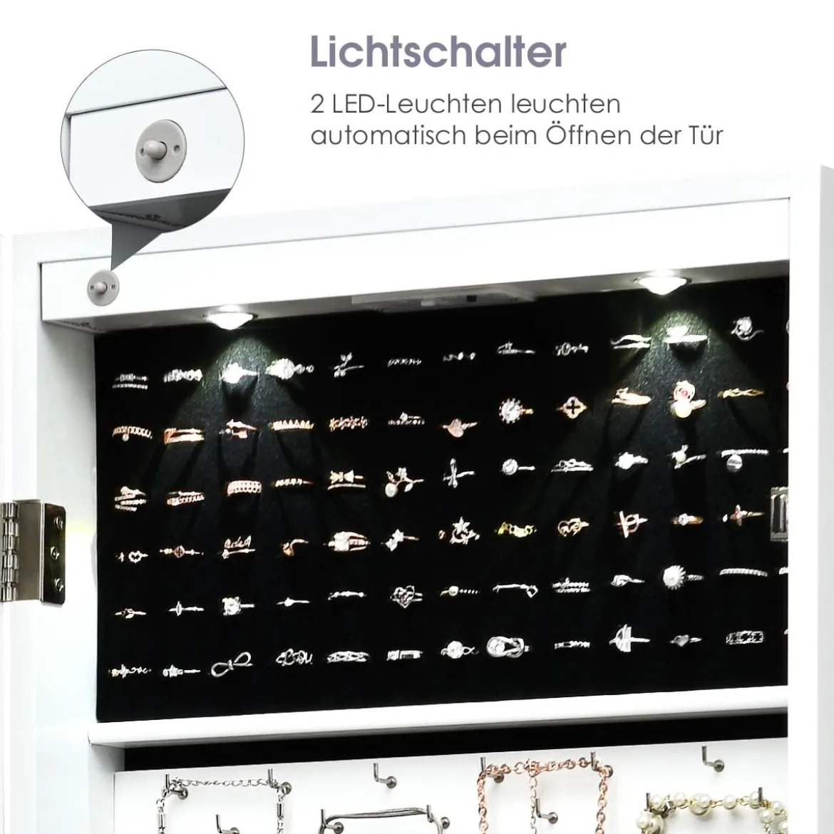 LED Schmuckschrank mit Ganzkörperspiegel Tür- und Wandmontage 37 x 9.5 x 108 cm Weiß