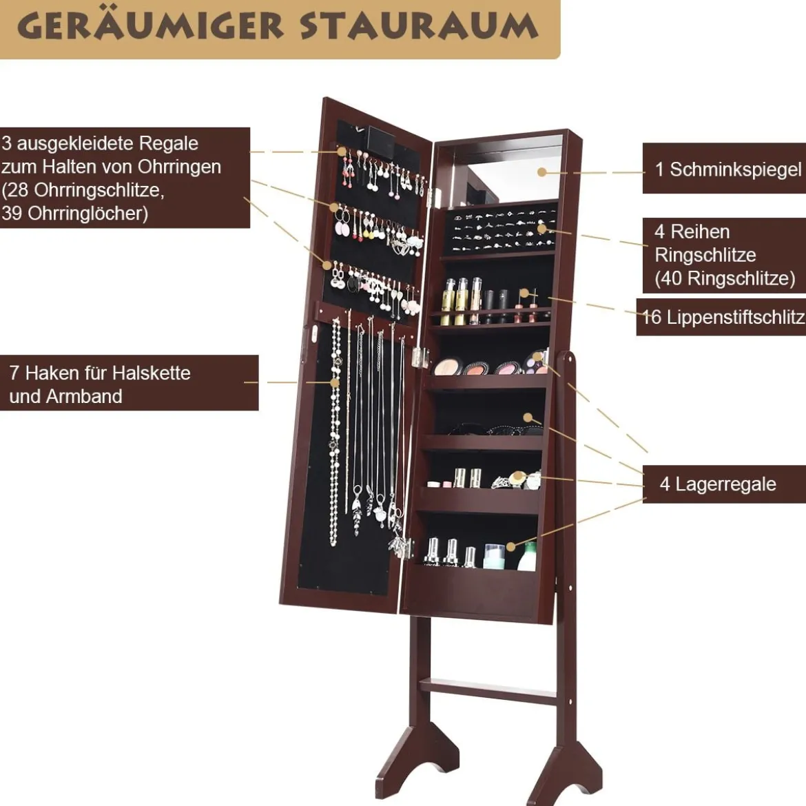 18 LED-Schmuckschrank mit Ganzkörperspiegel & Schminkspiegel Neigungsverstellbar Braun