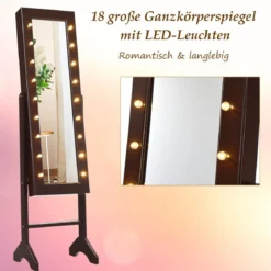 18 LED-Schmuckschrank mit Ganzkörperspiegel & Schminkspiegel Neigungsverstellbar Braun