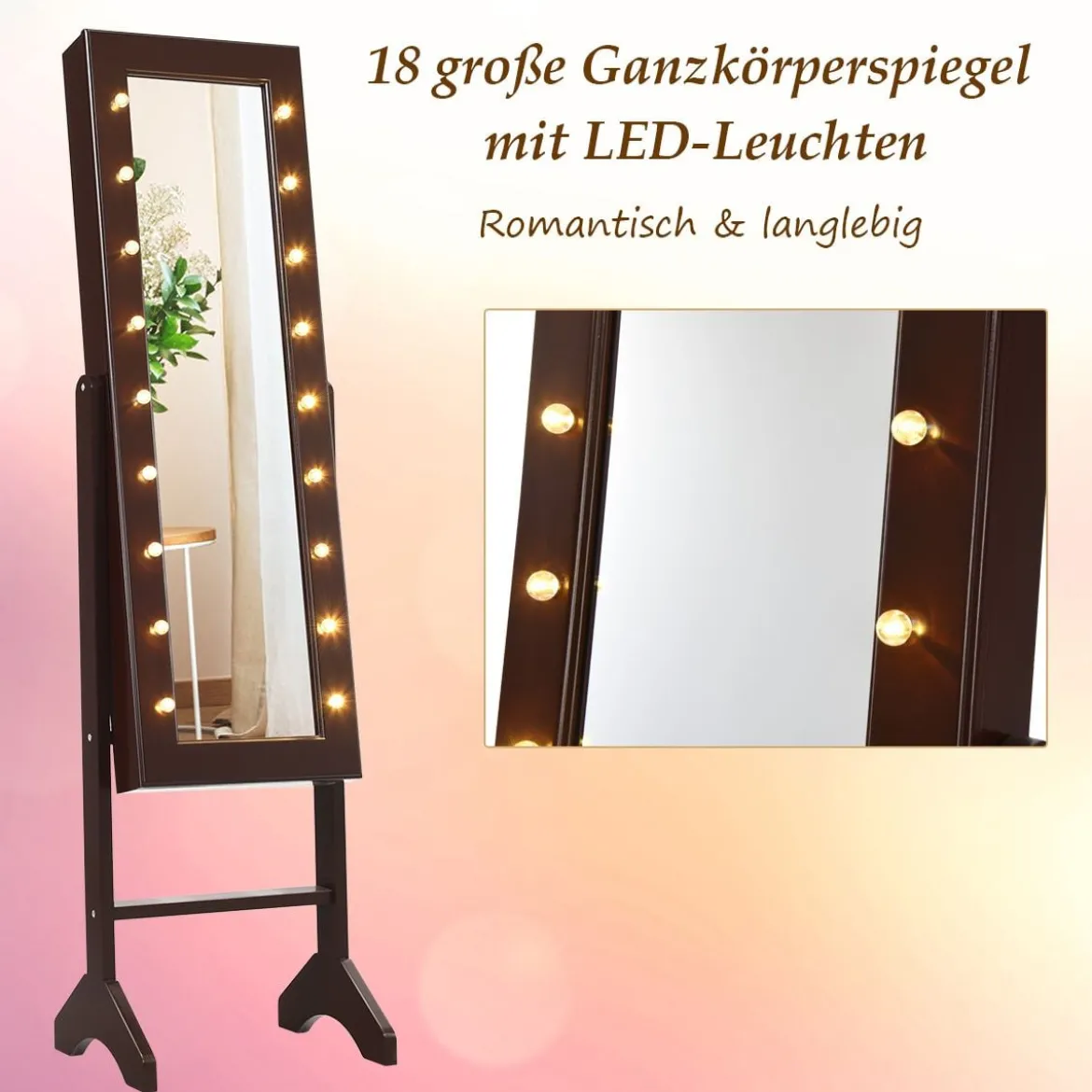 18 LED-Schmuckschrank mit Ganzkörperspiegel & Schminkspiegel Neigungsverstellbar Braun