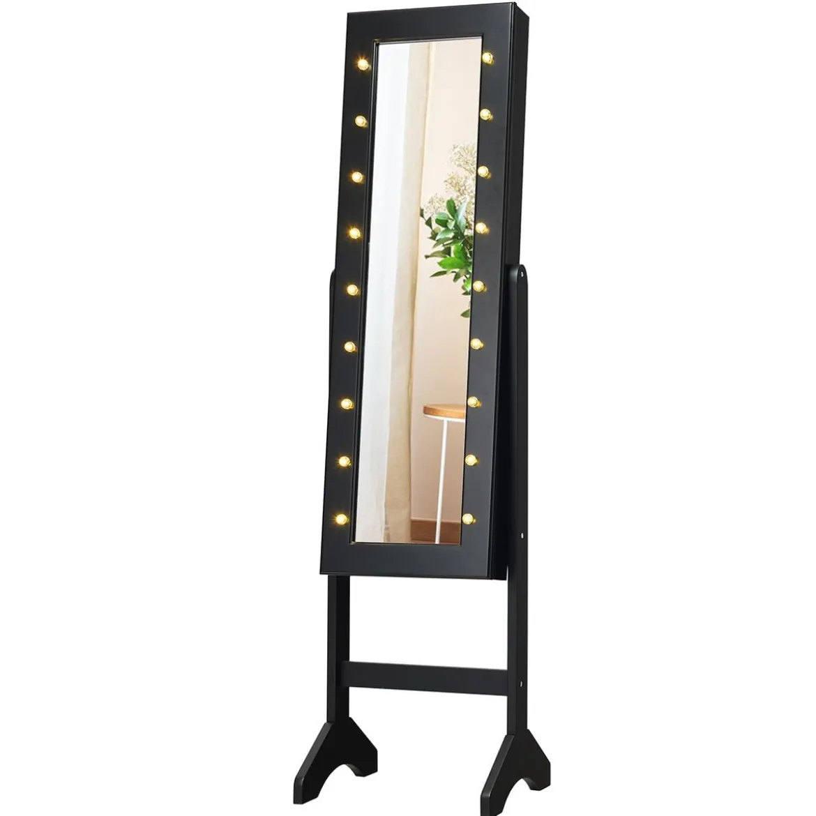 18 LED-Schmuckschrank neigungsverstellbar stehendes Design Schmuckregal mit Ganzkörperspiegel 35× 31,5 x 145 cm Schwarz