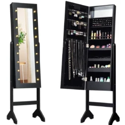 18 LED-Schmuckschrank neigungsverstellbar stehendes Design Schmuckregal mit Ganzkörperspiegel 35× 31,5 x 145 cm Schwarz